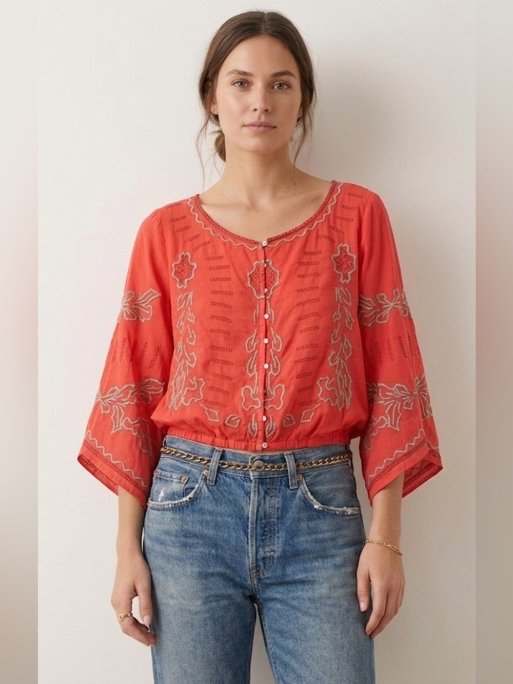 Free People Embroidered Boho Cotton Oversized Blouse Top Shirt Crop Wide Sleeve